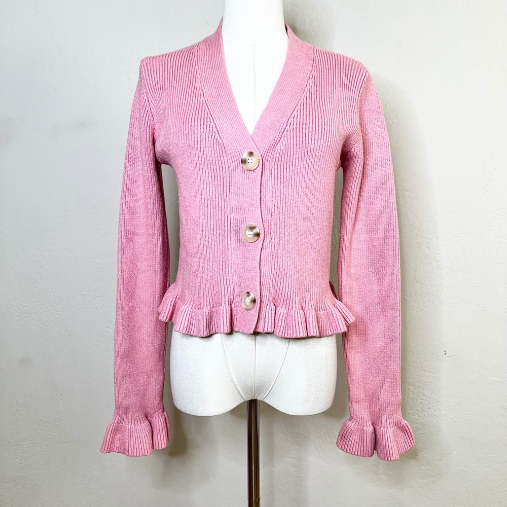 Lulus Cardigan Sweater Pink Ruffle Hem Cuff Ribbed Knit‎ Size Medium?